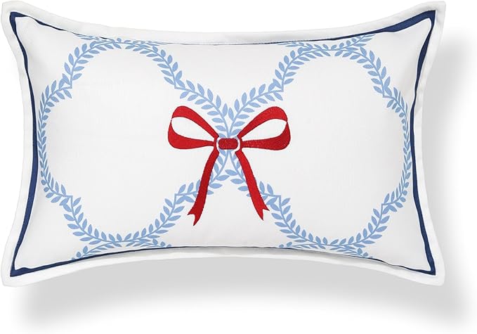 Hofdeco Premium Coastal Hampton Patio Indoor Outdoor Lumbar Pillow Cover Only, 12"x20" Water Repellent for Backyard, Couch, Poolside, Azure Blue Red Embroidered Ribbon Bow Tie on Leaves