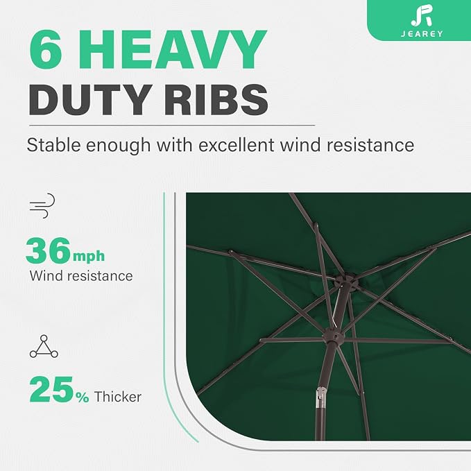 JEAREY 6.5x10 ft Rectangular Patio Umbrellas Rectangle Outdoor Umbrella with Push Button Tilt and Crank, Market Table Umbrella 6 Sturdy Ribs UV Protection for Poolside Garden Backyard Deck, Dark Green