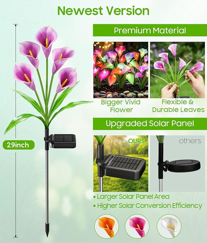 KOOPER Solar Lights Outdoor Decorative, Color Changing Solar Garden Lights With 10 Calla Lily Flower Lights, Solar Flowers Outdoor Waterproof IP65 For Yard Lawn Garden Decor, Gift For Women Mom 2 Pack