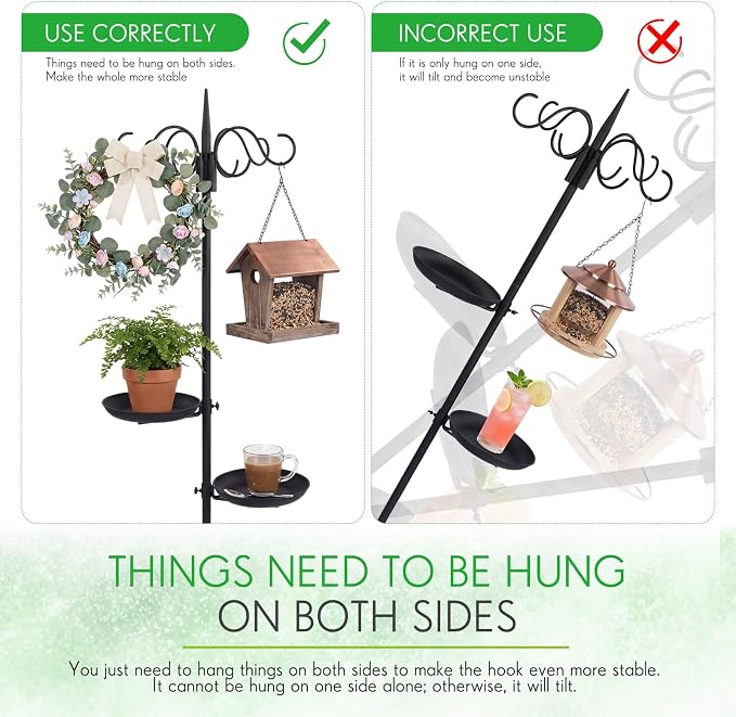 1 Set Upgraded 75.9" Shepherds Hook for Bird Feeder, Hanging Plant Wind Chime Stand, Metal Adjustable Standing Pole Holder for Indoor Outdoor, with 2 Rack & Weight Bag (4 Hooks)