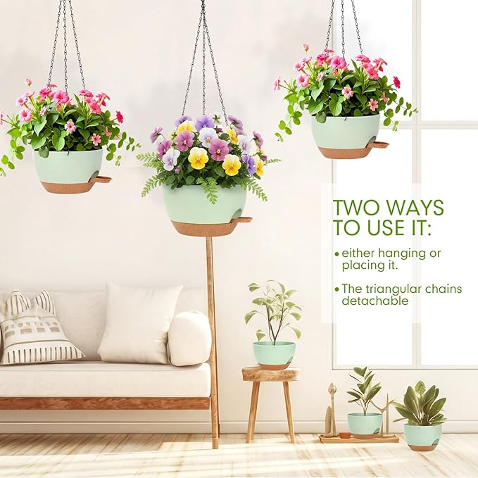 6 Pack Hanging Planter Set 12/10/8 Inch Plastic Self Watering Hanging Baskets Plant Pot with Drainage Holes and Chain for for Indoor Outdoor Garden Porch Plants