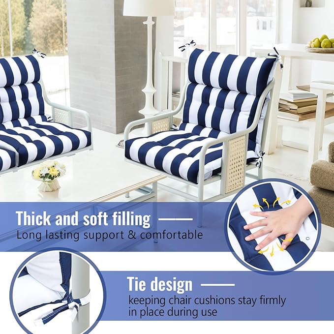 Sintuff 4 Pcs 44 x 21 x 4 Patio Chair Cushions Outdoor Chair Cushion Seat/Back Tufted Pillow with Ties Water Resistant Replacement Indoor Patio Furniture Outdoor Furniture (Stripe,Blue and White)