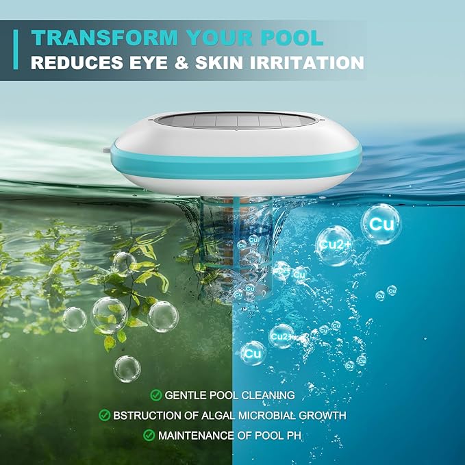 Solar Pool Ionizer for Inground and Above Ground Pools, Up to 45,000 Gal - Heavy Duty 1lb Copper Anode, Reduces Chlorine & Maintenance, Saltwater Compatible Water Clarifier, Lake Blue