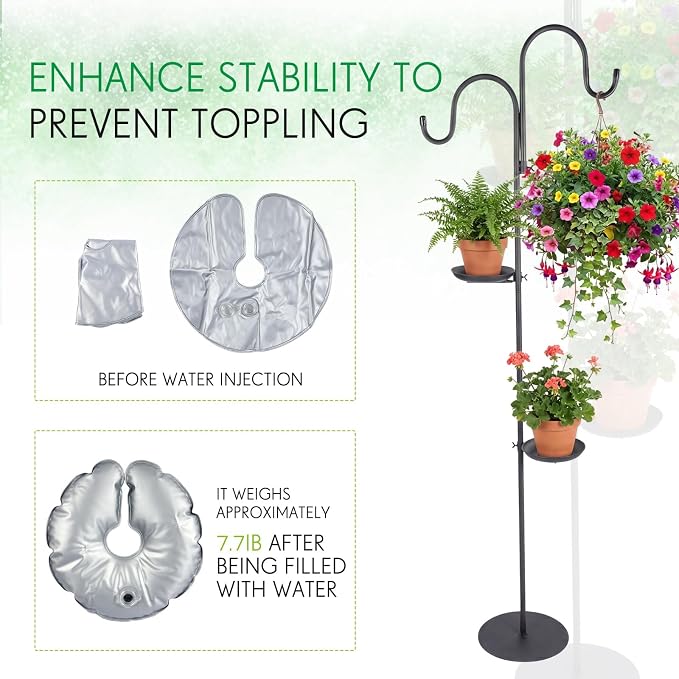 1 Set Upgraded 75.9" Shepherds Hook for Bird Feeder, Hanging Plant Wind Chime Stand, Metal Adjustable Standing Pole Holder for Indoor Outdoor, with 2 Rack & Weight Bag (Classic 2 Hooks)