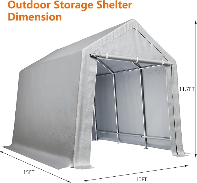 10'x15' All Season Heavy Duty Grey PE+Steel Carport Canopy, Waterproof Storage Shelter for Motorcycle