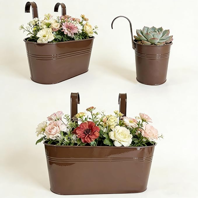 Set of 12 Balcony Hanging Planters, 4 Pcs 17" Metal Railing Flower Pots & 4 Pcs 12" Deck Planter & 4 Pcs 4" Fence Pot for Outdoor Patio Garden Décor, Chocolate