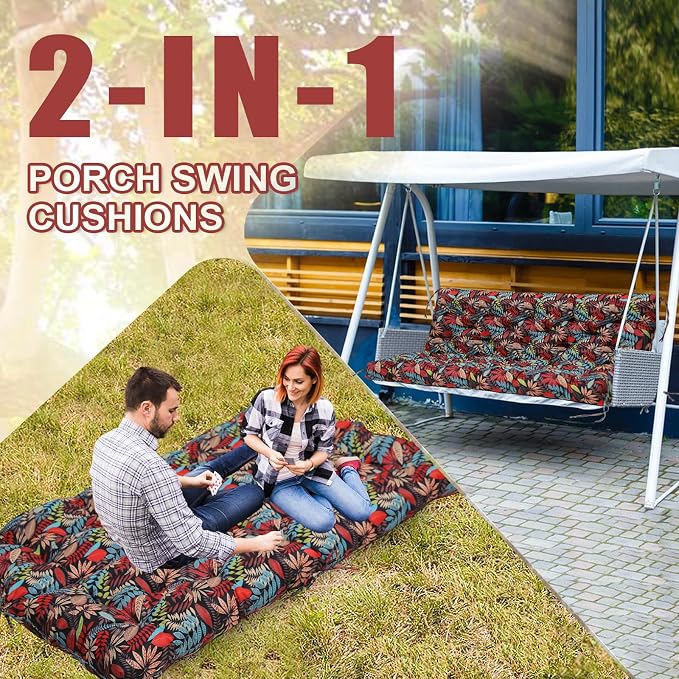 Premium 5" Thick Waterproof Outdoor Swing Cushions Sturdy Durable 2 Seat Replacement Porch Swing Cushions with Backrest&Ties Bench Cushion for Outdoor Furniture Backyard Patio(Flower01)