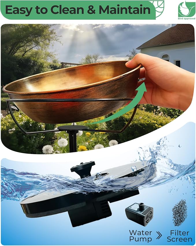 Metal Bird Bath with Solar Fountain - 12" Outdoor Birdbath Bowl + 6.3" Solar Pump with Battery LED Lights & with 4 Fixed Rods | Garden Bird Bath for Yard, Lawn, Patio, Flowing Water Feature