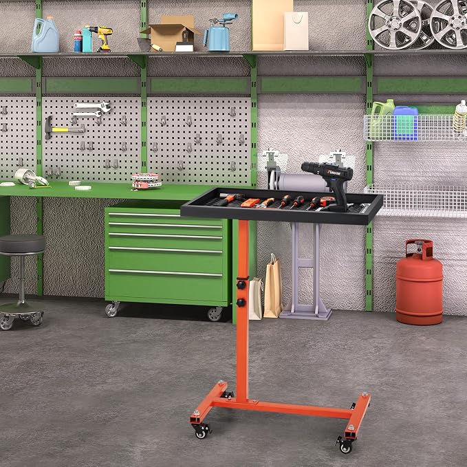 OLBRUS Adjustable Work Table with Wheels, Mechanic Rolling Tool Tray Table for Garage Repair Shops DIY, 220LBS Capacity Mobile Heavy Duty Steel Tool Cart (Orange)
