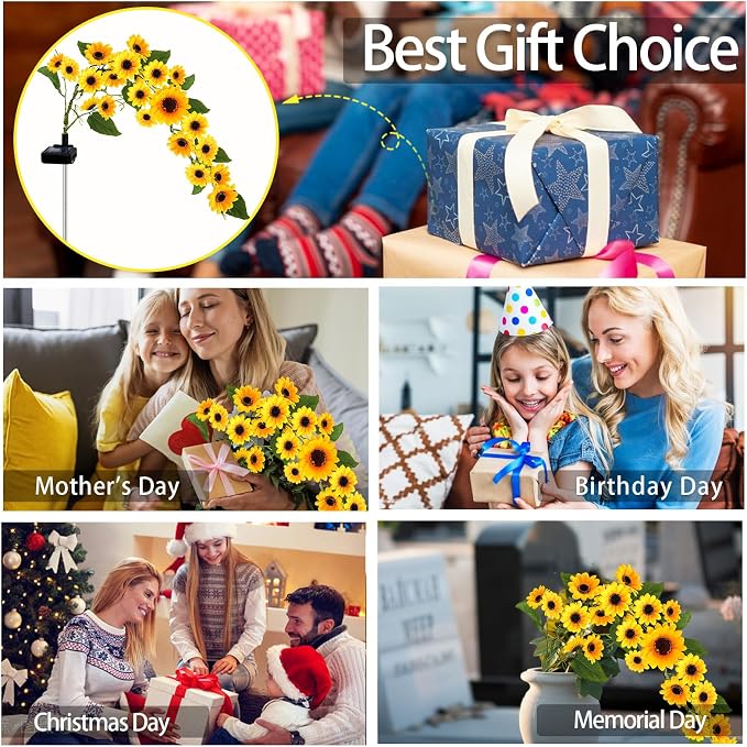 Solar Garden Lights Outdoor, Solar Sunflower Lights with 46 Lifelike Sunflower, Waterproof 90 Bright LED Fall Flowers Garden Decor for Patio Flower Bed Yard, Gift for Mom (2 Pack)
