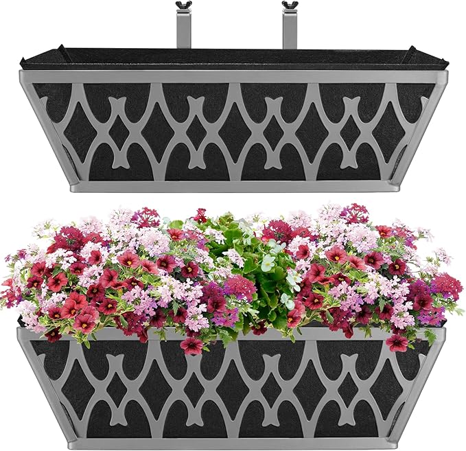 4 Pack 16 Inch Window Boxes Planters Railing Planter Box with Adjustable Brackets & Non-Woven Fabric Plant Grow Bags Deck Railing Planter Boxes Balcony Hanging Flower Box for Outdoor Plants
