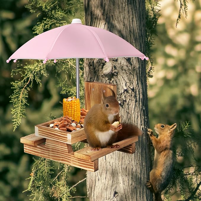 Gnodary Squirrel Feeder with Umbrella, Squirrel Feeders for Outside, Squirrel Picnic Table Feeder - Chipmunk Feeder Hold Corn, Corn Cob, Peanuts Style2 (Pink)