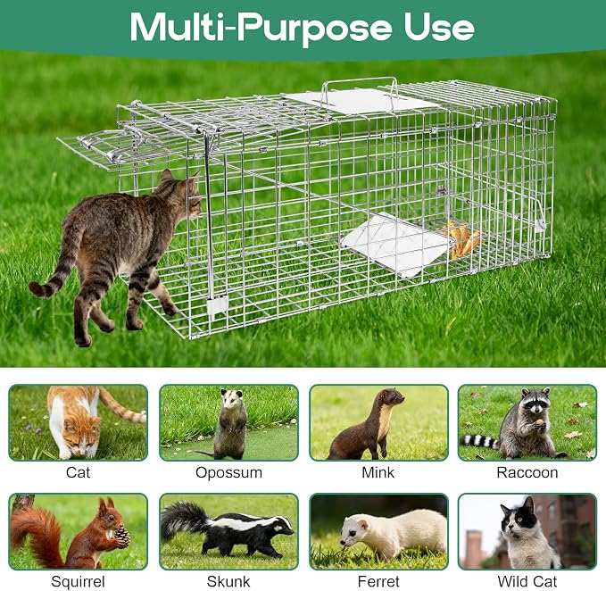 Humane Live Animal Trap Cage 32" × 13" × 11",Heavy-Duty Live Catch Cage for Raccoon, Squirrel, Stray Cats, Groundhogs, Armadillos, Opossums, Rabbits, Skunk, Mole, Small Wildlife Control