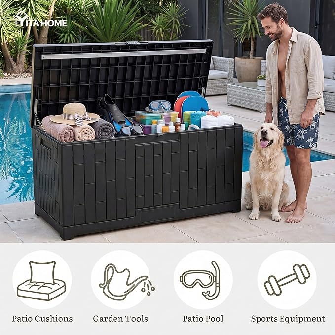 YITAHOME 120 Gallon Large Deck Box, 53"L x 22.7"W x 25.5"H Resin Outdoor Storage Box with Slide-Locking Lid for Patio Cushions, Garden Tools, Pool Supplies, Easy Assembly, Waterproof Lockable, Black