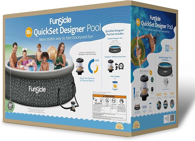 Funsicle Quickset Designer 10' x 30" Round Above Ground Swimming Pool, with FiltraBoost 400 GPH Filter Pump, Type I Filter Cartridge & Repair Patch, Dark Herringbone