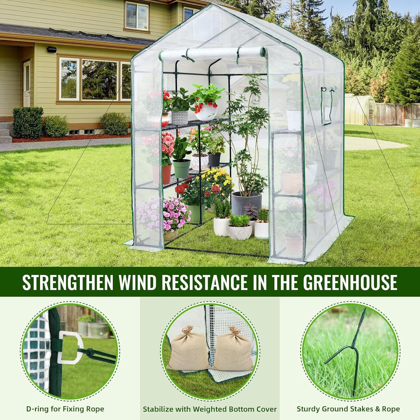 Greengro Greenhouse, 57 x 57 x 76'' Greenhouses for Outdoors, Portable Greenhouse Kit with Mesh Side Windows, PE Cover, 8 Shelves, Heavy Duty Walk in Green House for Backyard Garden Indoor Outside