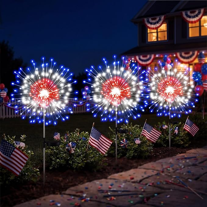 Tujoe 9 Pcs 4th of July Solar Firework Lights Patriotic Solar Light Outdoor Garden 120 LED 8 Modes Waterproof LED Sparkler Light for 250th Anniversary Patio Yard Pathway Walkway (Colorful)