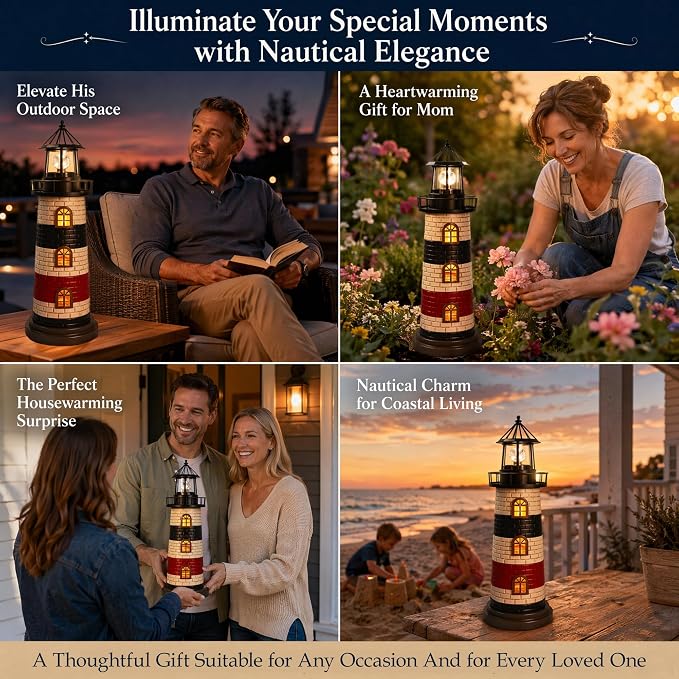 Garden Statues 23" Coastal Solar Lighthouse Garden Decor Waterproof Solar Lights Outdoor Decorative Beach Pool Patio Lawn Yard Decorations, Unique Housewarming Gift Garden Gifts for Family Friends