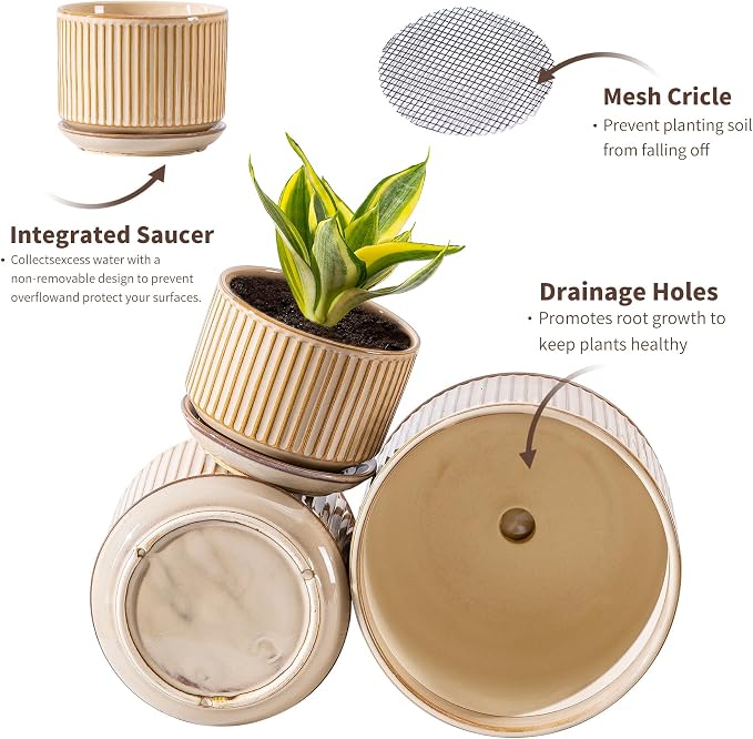 SURE YUESI Ceramic Plant Pots Set of 3, Indoor Outdoor Planters with Drainage Hole and Saucer, Ceramic Flower Pots for Indoor Plants, 4.3+5.5+6.8 Inch, Home, Garden, Patio and Office, Glossy Beige