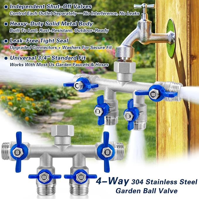 4 Way Garden Hose Splitter, 304 Stainless Steel Hose Splitter with 4 Shut-Off Valves, Heavy Duty Outdoor Faucet Adapter, 3/4" GHT Full Flow Hose Connector for Garden Irrigation