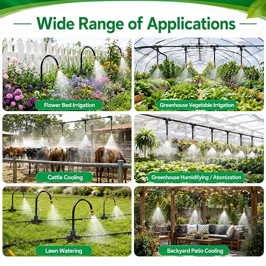 12-Pack 7.8" Drip Irrigation Parts, 360° Adjustable Brass Misting Nozzles with Pneumatic Quick Connect Tee Connectors, Replacement Upgrade Accessories Kit for 1/4" Garden Bed Watering System