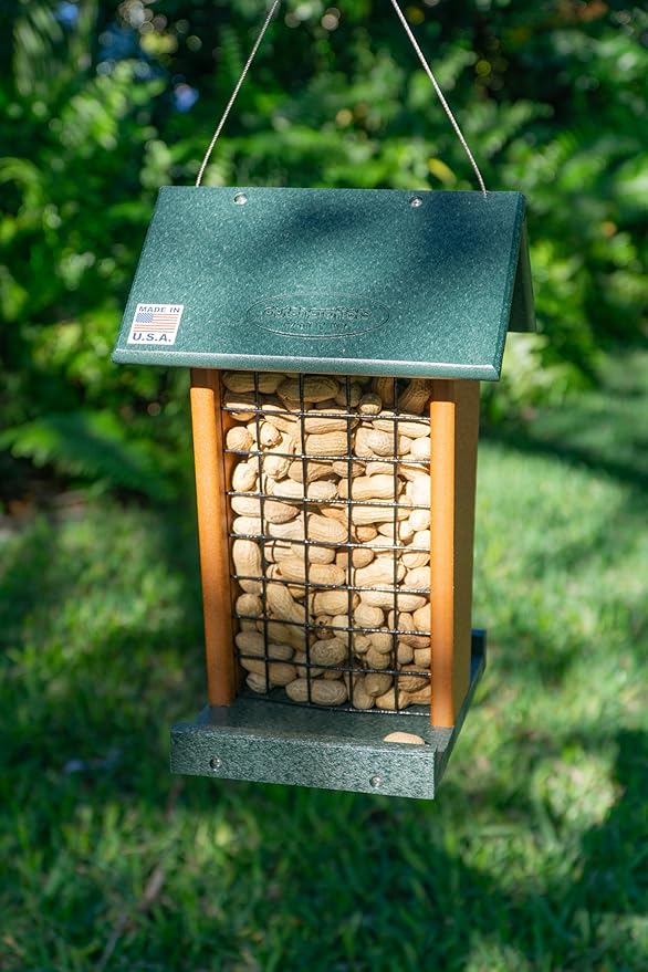 DutchCrafters Plastic Poly Hanging Whole Peanut Bird Feeder for Large Birds, Woodpeckers, Blue Jays for Outdoor, Garden, Yard - USA Amish Made (Turf Green & Cedar)