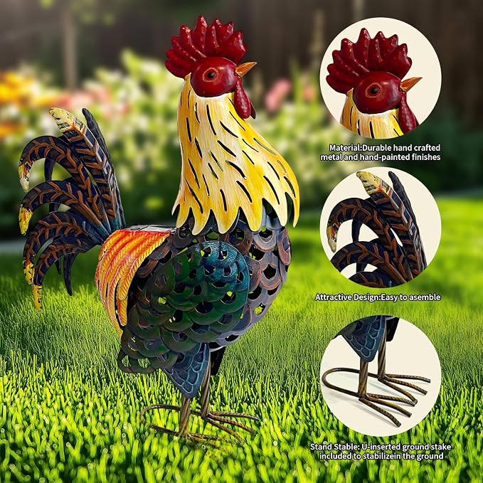 LIFFY Metal Chicken Yard Decor, 20" Solar Yard Rooster Decorations,Farm Outdoor Garden Statues, Animal Sculpture Ornaments for Backyard Patio Lawn Landscape