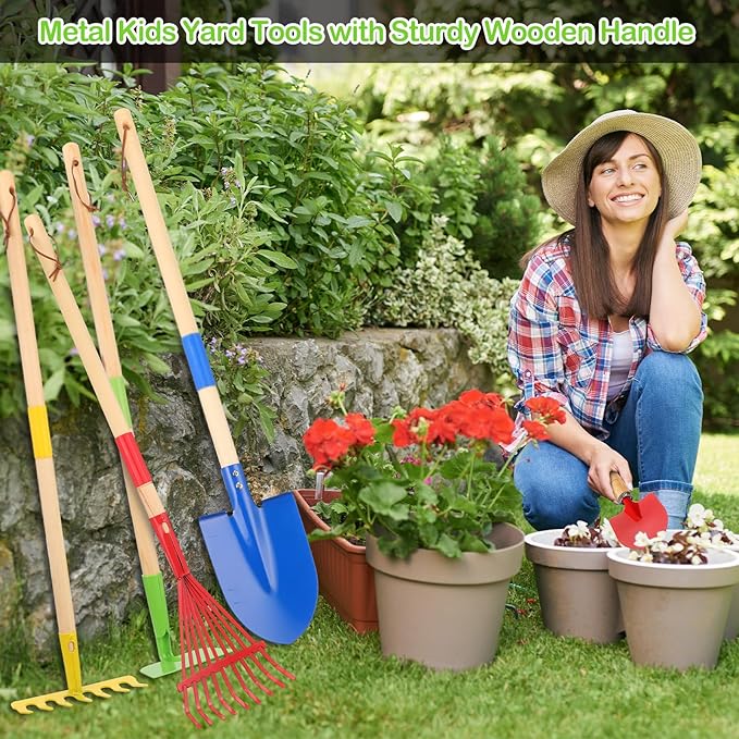 8 Pcs Kids Gardening Tools, Long Shovel, Rake for Leaves, Spade, Hoe, Steel Heads and Real Wood Handle, Yard Tools for Children Toddlers Gifts