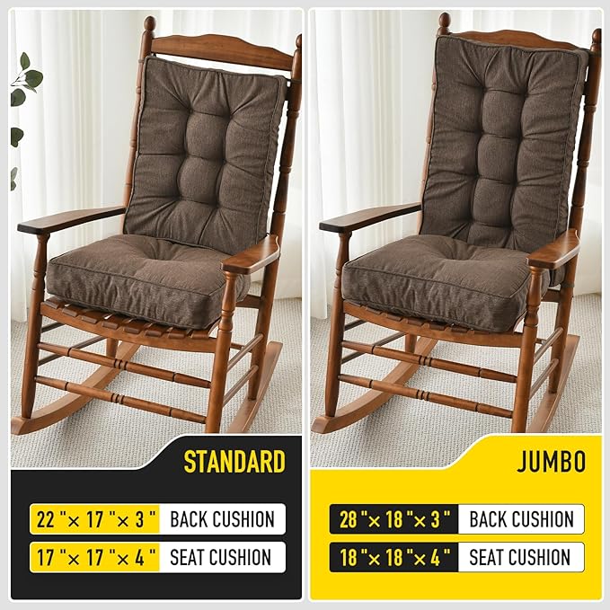 SUNROX Memory Foam Non Slip Rocking Chair Cushion, FadeShield Water Resistant Thicken Durable Tufted Pads, Set of Seat & Back Cushion with Ties for Indoor/Outdoor Rocker, 2 Piece, Heather Chestnut