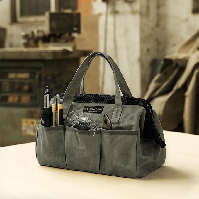 13-inch Tool Bag, Heavy Duty Wide Mouth Water-Resistant Tool Bag, Tool Tote with Handle for Tools, Wrenches, Screwdrivers (13 X 7 X 9 inch) | ArmyGreen