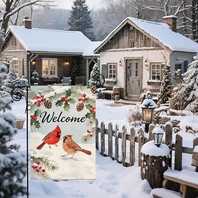Welcome Winter Garden Flag 12x18 Inch Cardinal Bird Snow Scene Christmas Holiday Seasonal Decorative Yard Flags for Outside Double Sided Outdoor Home Farmhouse Decoration Porch New Year Decor