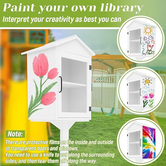 Wonderjune Little Library Box Outdoor, Durable Weatherproof Solid Wood Book Exchange Box with Floor Plugs and Small Flower Fence for Community, Literature, School Sharing Book(White,Steepletop)