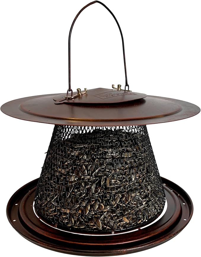 Copper Collapsible Mesh Feeder with Tray - Hanging Bird Feeder - Holds 12 Cups of Sunflower Seeds
