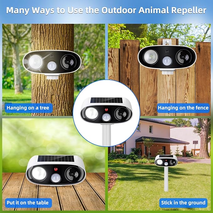 4Pack Solar Animal Repellent Outdoor,Ultrasonic Animal Deterrent with Flash Light,Waterproof Ultrasonic Deer Repeller&Cat Repellent Devices for Garden Yard,Control Rabbit Raccoon Dog Squirrel