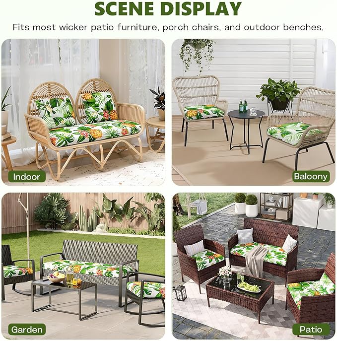 Wicker Chair Cushions Set, 2 U-Shaped Cushions & 1 Loveseat, Waterproof Outdoor Loveseat Cushion for Patio Furniture, Settee Bench Pad All Weather,Pineapple