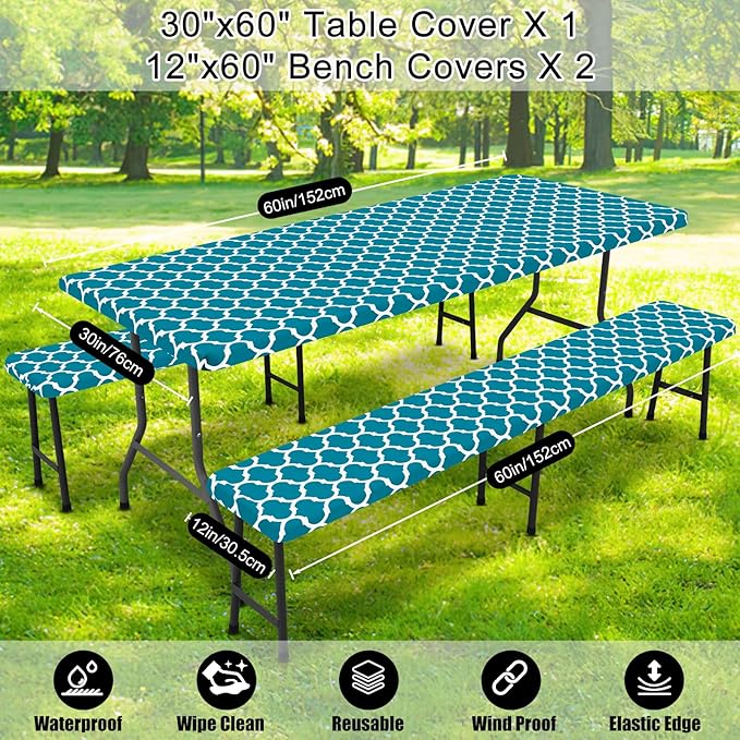 Smiry Picnic Table Cover with Bench Covers, Waterproof Elastic Fitted Tablecloth for 5 Foot Tables, Washable Polyester Tablecloths for Camping, Indoor & Outdoor (Aqua, 30x60 Inch 3-pc Set)