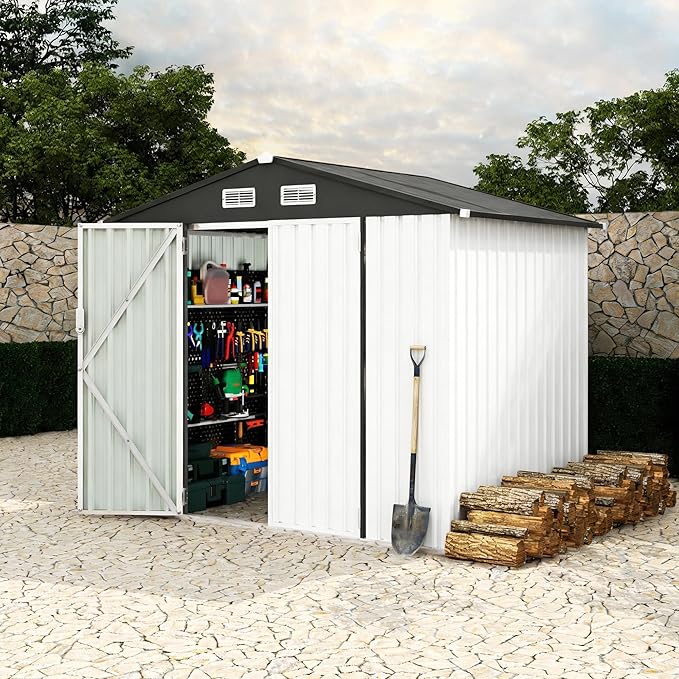 8x6 FT All-Steel Outdoor Storage Shed, Multi-Purpose Garden Tool Shed with Lockable Doors & Air Vents, Heavy Duty Utility Building for Backyard, Workshop, Lawn - Value Pack, Weather Resistant