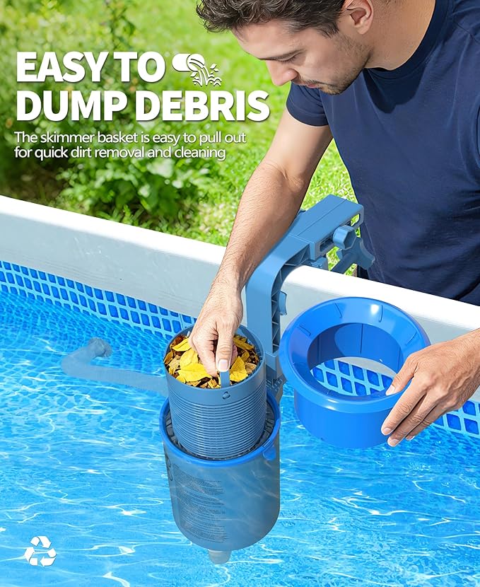 DeeprClean Upgrade Above Ground Pool Skimmer Comes with 3 Socks, Anti-tilt Wall Mount Surface Skimmer, Removable Skimmer Basket, Adjustable Height Bracket, Auto Skimming Pool Surface Leaves - Blue