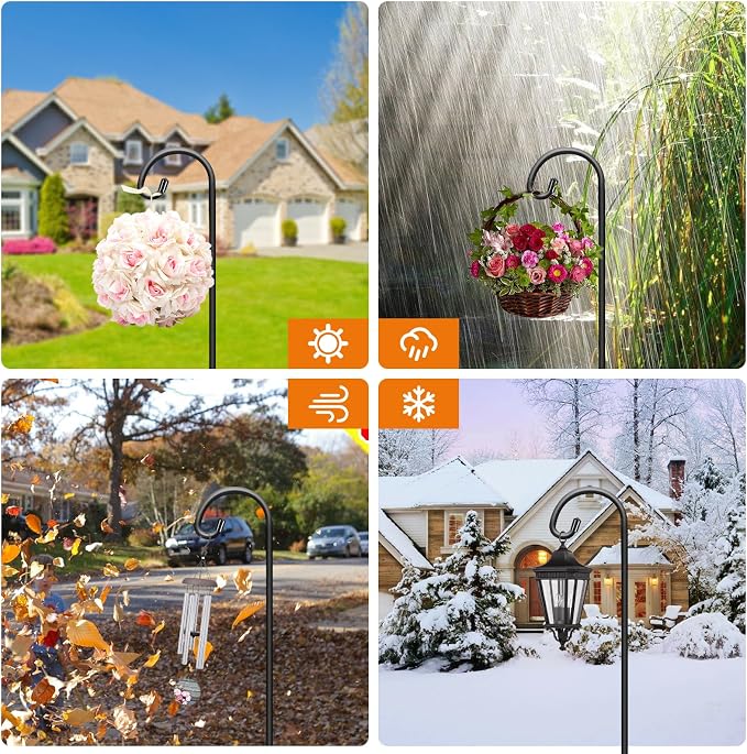 Gtongoko 32 Inch Shepherd Hooks for Outdoor 4 Pack, Adjustable Garden Hooks for Hanging Plants, Lanterns, Solar Lights, Mason Jars & Wedding Decor, Matte Black Decorative Shepherd’s Hooks