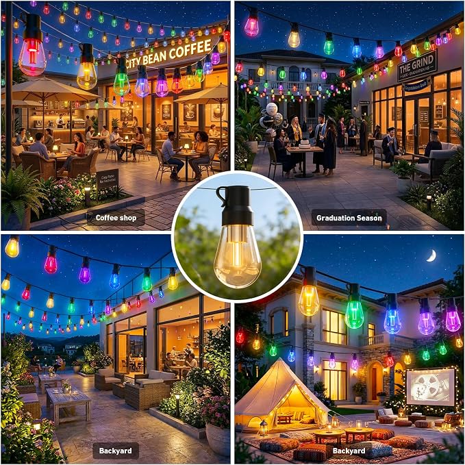 LETIANPAI 200ft RGB+IC Outdoor String Lights, IP67 Waterproof LED Color Changing Clear Bulb String Lights with App & Remote Control, Shatterproof Hanging Patio Lights for Backyard Garden Party