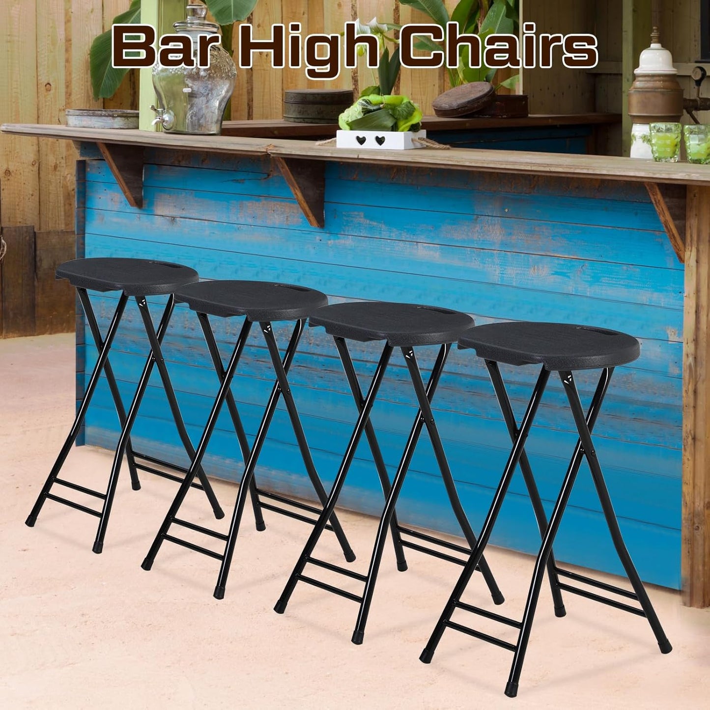 Suzile 2 Pcs 24 Inch Tall Folding Chair Portable Plastic Stool Chair Heavy Duty Foldable Bar Stools with Handle for Adults Kitchen Counter Room Home Camping Indoor Outdoor, 300lbs Capacity (Black)