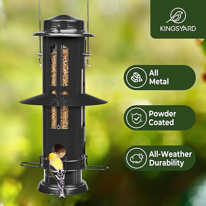Kingsyard Squirrel Proof Bird Feeders with Weight-Activated Perches, Metal Wild Bird Feeder for Outdoors Hanging, 3 lb Large Seed Capacity, Black