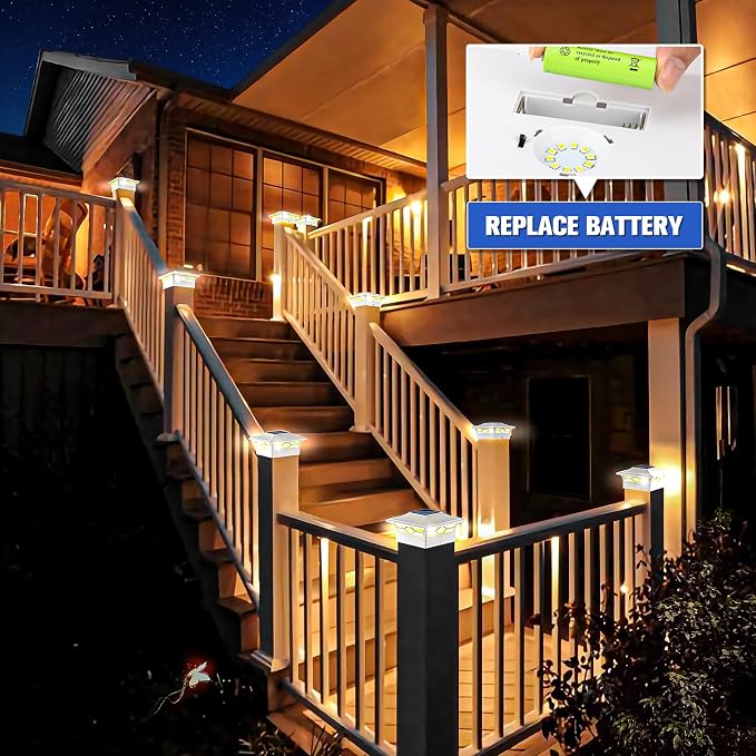 VOLISUN Solar Post Cap Lights: 4 - Pack Outdoor Deck Post Cap Lights White for Dock Fence Waterproof 2 Color Modes,4x4/6x6 Wooden/Vinyl Posts