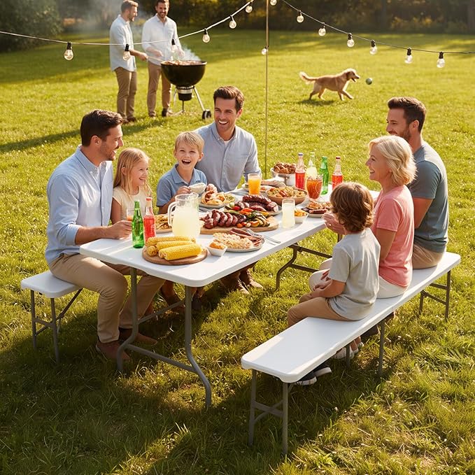 Bonnlo White Folding Picnic Table Set with 2 Benches, 6 Feet Camping Table Chair Set, Modern Portable 3-Piece Furniture for Indoor/Outdoor Use, White Folding Picnic Table with Smooth Tabletop