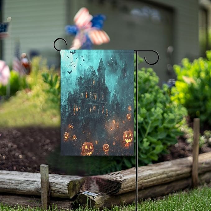 Halloween Spooky Castle House Flag 28x40 Inch Double Sided Outside Witch Bat Pumpkin Lantern Seasonal Yard Outdoor Flag Banner for Garden Lawn Patio Holiday Decorations