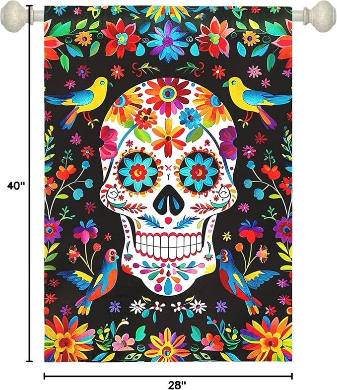 Day of the Dead Garden Flag Skull Welcome Floral House Banner Mexican Gothic Skeleton Flowers Birds Double-Sided Garden Flags Fiesta Dia DE Los Muertos Burlap Yard Flag 28x40 Inch