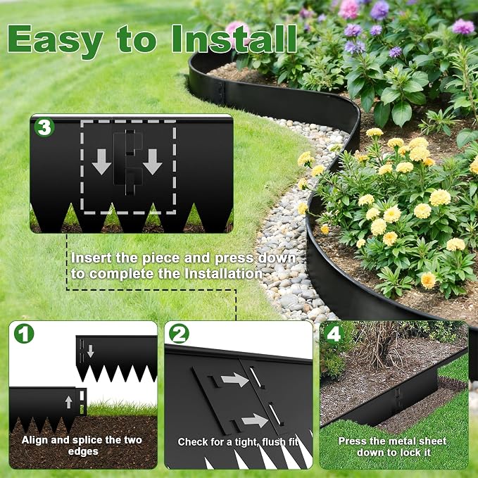 Metal Landscape Edging 6 Pack 40" L x 8" H, Galvanized Steel Landscape Lawn Edging with 90 Degree Rounded Top, Heavy Duty Lawn Edging, Easy-to-Install, Flower Bed Yard Pathway Divider