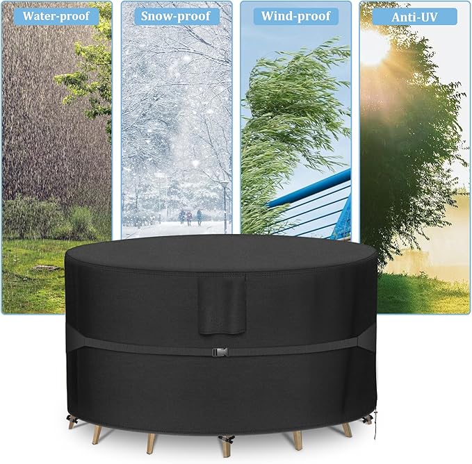 RICHIE Round Patio Furniture Covers - 600D Heavy Duty Waterproof Outdoor Table Cover, Lawn Furniture Set Covers for Dining Table and Chairs Seating 96"DIAx28"H