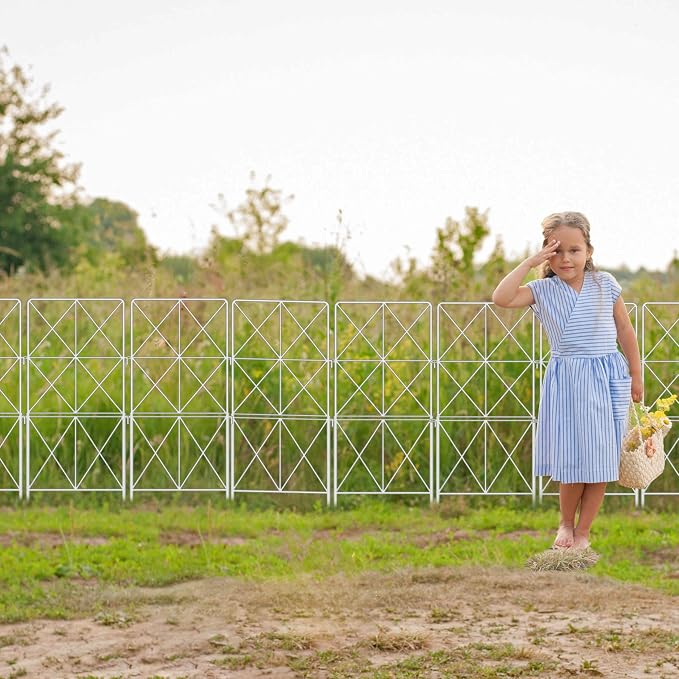 ShopLaLa Decorative Metal Garden Fence (10 Panels) 12.5in(L) x 31in(H) Animal Barrier Fencing for Dog, Rustproof White Wire Diamond Flower Bed Edging for Landscape, Lawn Yard Tall Panels Outdoor Decor