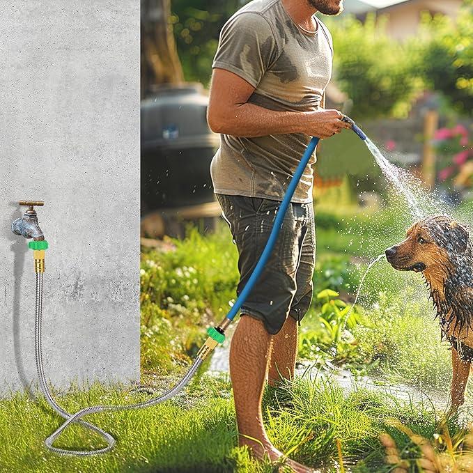 5ft Short Garden Hose with Double Female Connectors - Metal Leakproof Leader Hose for Hose Reel, Heavy Duty 304 Stainless Steel Flexible Hose for Outdoor Garden Watering Car Pet Cleaning